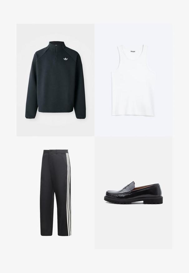 Schwarzer Quarter-Zip-Sweatshirt aus weichem Material, mit Raglanärmeln und einem weißen Logo auf der Brust. Die Bündchen sind elastisch.; Weißes ärmelloses Tanktop mit rundem Ausschnitt und Weekday-Markenetikett auf der Innenseite des hinteren Kragens, flach auf hellem Hintergrund dargestellt.; Schwarze Hosen mit geradem Bein und drei weißen vertikalen Streifen an der Außenseite jedes Beins.; Schwarze Leder-Penny-Loafer mit strapazierfähiger Gummisohle und Mokassin-Stich, seitlich auf einem weißen Hintergrund dargestellt.