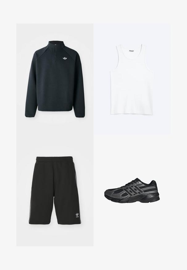 Sudadera negra con cremallera en el cuello hecha de tela suave, con mangas raglán y logo blanco en el pecho. Los puños son elásticos.; Camiseta sin mangas blanca con cuello redondo y etiqueta de la marca Weekday en el interior del cuello trasero, mostrada plana sobre un fondo claro.; Pantalones cortos negros hechos de una mezcla de algodón con una cinturilla elástica, que presentan rayas blancas en los laterales y un pequeño logotipo en la parte inferior izquierda.; Zapatillas deportivas negras hechas de malla y materiales sintéticos, que presentan una superficie texturizada, múltiples rayas grises y un collar acolchado.