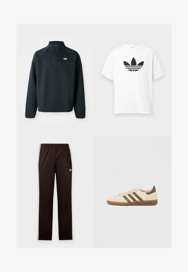 Sweat-shirt noir à zip quart en tissu doux, avec des manches raglan et un logo blanc sur la poitrine. Les poignets sont élastiques.; T-shirt en coton blanc avec un grand logo trefoil noir d'Adidas et trois bandes horizontales en dessous. Manches courtes, col ras du cou.; Pantalon de survêtement Adidas noir avec taille élastique, bandes blanches sur les côtés, poches zippées et petit logo trèfle sur la cuisse gauche.; Baskets beige discrètes Adidas Spezial avec des bandes vertes, une semelle en caoutchouc et le logo "SPEZIAL" sur le côté, vues de l'extérieur.