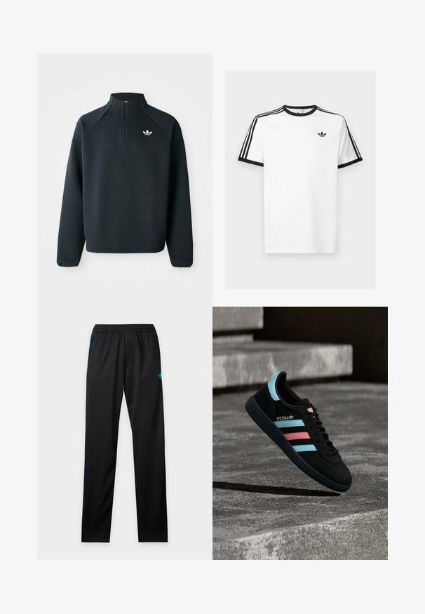 Sudadera negra con cremallera en el cuello hecha de tela suave, con mangas raglán y logo blanco en el pecho. Los puños son elásticos.; Camiseta de algodón blanca con cuello y mangas de canalé negro, con tres rayas negras en cada hombro y un pequeño logo en el pecho.; Pantalones deportivos negros con cinturilla elástica, bolsillos laterales con cremalleras y un pequeño logo azul de Adidas en la parte superior del muslo izquierdo.; Zapatilla negra Adidas Spezial con rayas azules y rosas, flotando sobre una superficie de hormigón gris texturizada con sombra debajo.