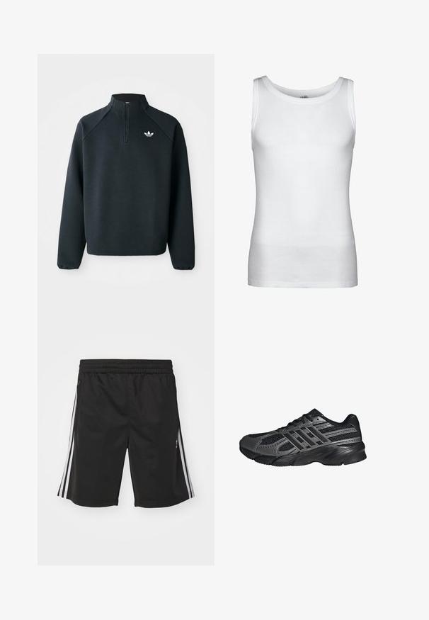 Zwarte kwart-zip sweatshirt gemaakt van zachte stof, met raglanmouwen en een wit logo op de borst. De manchet is elastisch.; Witte ribgebreide mouwloze tanktop met ronde halslijn en rechte zoom, getoond op een effen achtergrond.; Zwarte sportieve shorts met een elastische tailleband, voorzien van witte zijstrepen en een gladde stofstructuur. Geen extra versieringen.; Zwarte sportschoenen gemaakt van mesh en synthetische materialen, met een getextureerd oppervlak, meerdere grijze strepen en een gevoerde kraag.