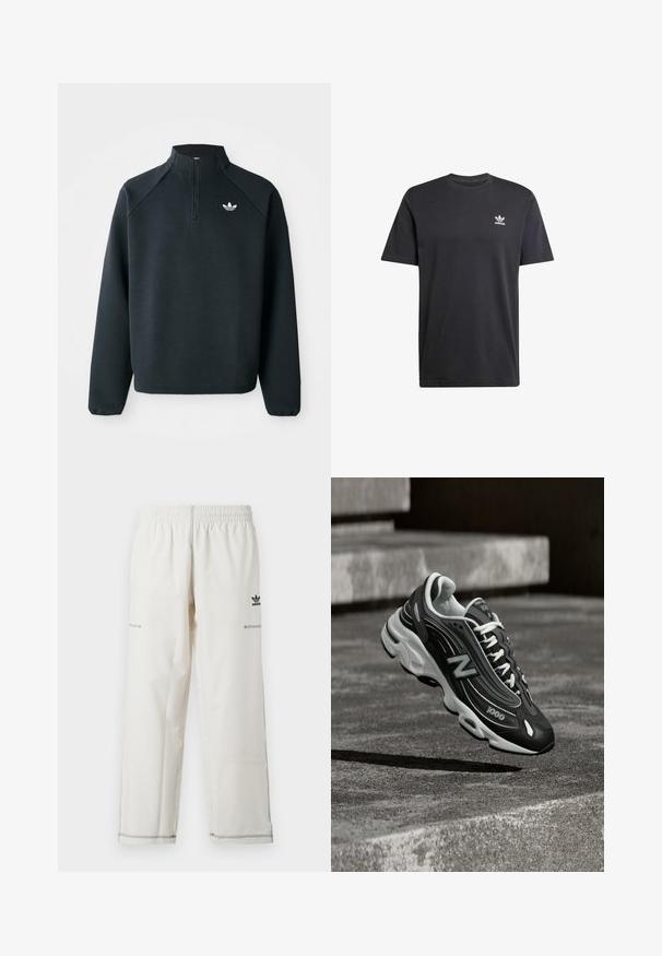 Schwarzer Quarter-Zip-Sweatshirt aus weichem Material, mit Raglanärmeln und einem weißen Logo auf der Brust. Die Bündchen sind elastisch.; Schwarzes Baumwoll-T-Shirt mit kurzen Ärmeln, Rundhalsausschnitt und einem weißen adidas-Logo, das auf der linken Brustseite gedruckt ist. Glatte Textur.; Weiße Sporthose mit elastischem Bund, seitlichen Taschen sowie schwarzem Adidas-Logo und Ziernähten. Glatter, leichter Stoff.; Schwarz-weißer New Balance 1000 Sneaker mit weißen Schnürsenkeln, schwebend über einer rauen Betonfläche mit steinernen Stufen im Hintergrund.