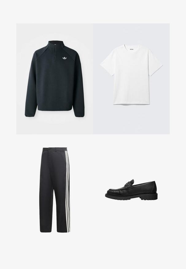 Zwarte kwart-zip sweatshirt gemaakt van zachte stof, met raglanmouwen en een wit logo op de borst. De manchet is elastisch.; Witte T-shirt met korte mouwen en ronde hals, plat gelegd, effen ontwerp, met een "WEEKDAY" label in de kraag op een lichte achtergrond.; Zwarte broek met rechte pijpen en drie witte verticale strepen langs de buitenkant van elk been.; Zwarte leren loafer met gestikte bovenkant, met studs versierd bandje en dikke grof profielzool, zijaanzicht op witte achtergrond.
