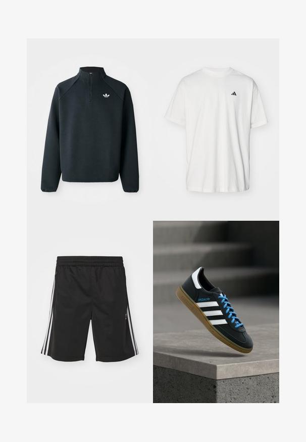 Schwarzer Quarter-Zip-Sweatshirt aus weichem Material, mit Raglanärmeln und einem weißen Logo auf der Brust. Die Bündchen sind elastisch.; Weißes Baumwoll-T-Shirt mit kurzen Ärmeln, Rundhalsausschnitt und kleinem schwarzem Adidas-Logo auf der linken Brust. Weicher Stoff, lässige Passform.; Schwarze Sportshorts mit einem elastischen Bund, ausgestattet mit weißen seitlichen Streifen und einer glatten Stoffoberfläche. Keine zusätzlichen Verzierungen.; Schwarzer Adidas-Sneaker mit weißen Streifen, blauen Schnürsenkeln und Gummisohle, der über einer grauen Betontreppe im weichen Licht schwebt.