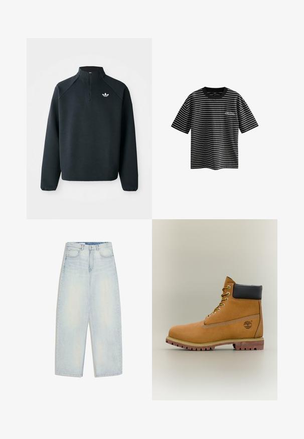Zwarte kwart-zip sweatshirt gemaakt van zachte stof, met raglanmouwen en een wit logo op de borst. De manchet is elastisch.; Zwart-wit gestreepte T-shirt met korte mouwen en een ronde hals. Bevat een "Kopenhagen" tekstontwerp aan de voorkant. Gemaakt van een gladde stof.; Lichtgewassen spijkerbroeken met een losse, wijde pijp. Voorzien van een ontwerp met vijf zakken en een eenvoudige metalen knoopsluiting. Gescheurde zoom aan de onderkant.; Bruine leren enkellaars met zwarte kraag, gele veters en een zandkleurige zool. Voorzien van een logo en witte stikseldetails. Robuuste loopzool met grip.