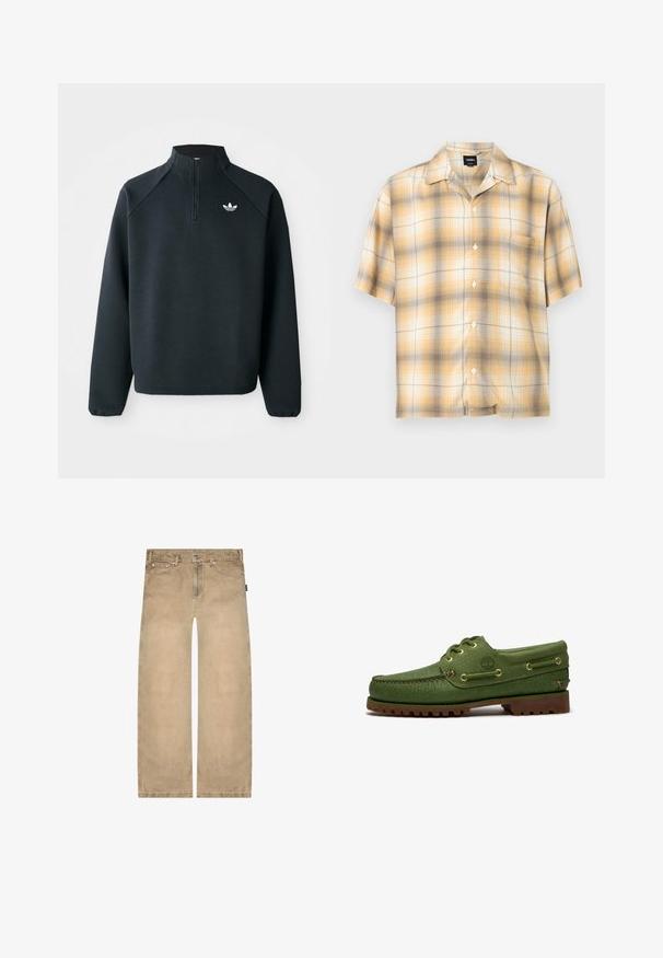 Schwarzer Quarter-Zip-Sweatshirt aus weichem Material, mit Raglanärmeln und einem weißen Logo auf der Brust. Die Bündchen sind elastisch.; Kurzärmeliges Hemd zum Knöpfen mit kariertem Muster in Gelb, Beige und Braun sowie einer einzelnen Brusttasche, flach auf weißem Hintergrund liegend.; Beige Jeans mit geradem Bein, Fronttaschen, Gürtelschlaufen und Knopfverschluss, abgebildet auf weißem Hintergrund.; Grüner Leder-Bootsschuh mit brauner Profilsohle, Schnürsenkeln durch goldene Ösen und eingeprägtem Baum-Logo an der Seite.