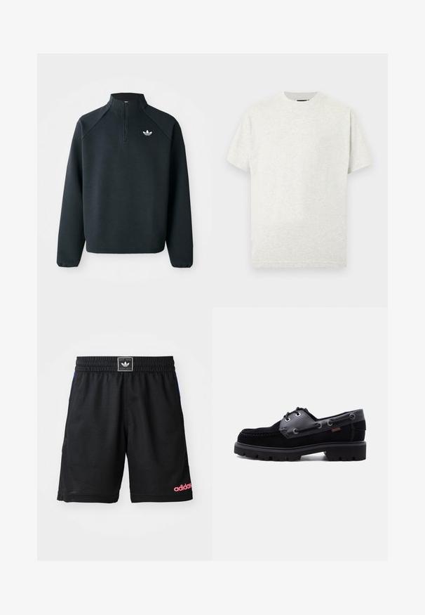 Must värvi neljandiku tõmblukuga jakke, mis on valmistatud pehmest kangast, raganlasleevidega ja valge logoga rinnal. Varrukate äärised on elastsed.; Helehall puuvillane t-särk ümarkaelusega, lühikeste varrukatega ja siledapinnaline. Lihtne disain ilma nähtavate mustrite või aktsentideta.; Mustad mustikud, mis on valmistatud tekstuurilisest, hingavast kangast. Omab elastset vöökohta ja roosa "adidas" logo alumises paremas nurgas.; Mustast nahast ja seemisnahast paadisuss paksu kummipõhjaga, paelte aukude ja külgmise õmblusega, heleda tausta ees.