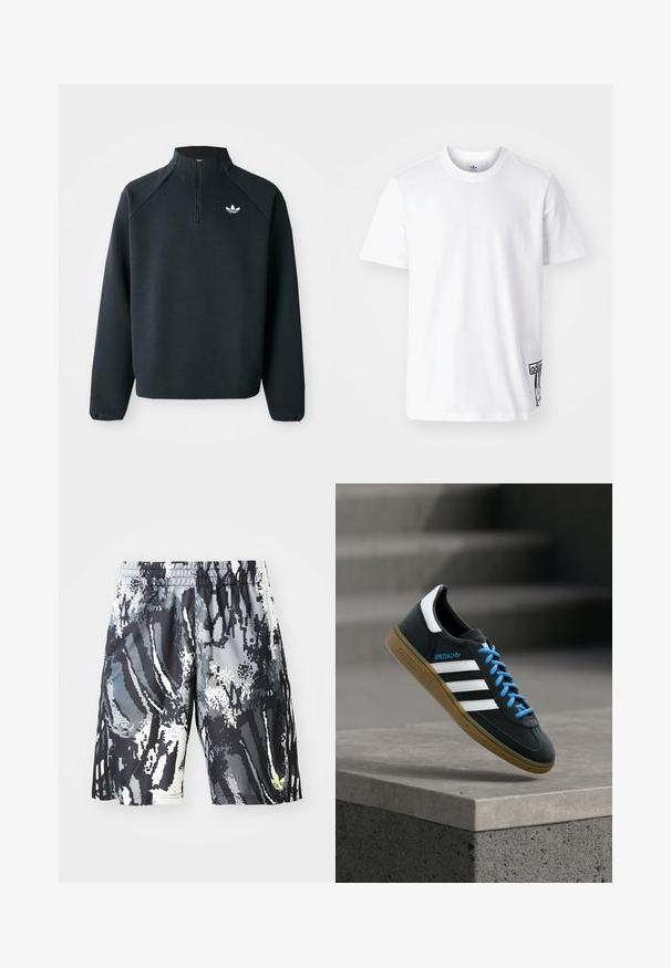 Zwarte kwart-zip sweatshirt gemaakt van zachte stof, met raglanmouwen en een wit logo op de borst. De manchet is elastisch.; Witte katoenen t-shirt met korte mouwen, ronde halslijn, en een zwart Adidas-logo label op de linker onderkant. Luxe textuur.; Zwart en grijs gemarmerde sportshorts met een elastische tailleband, voorzien van een digitaal abstract ontwerp en een kleine neon accent.; Zwarte Adidas-sneaker met witte strepen, blauwe veters en een gumzool die boven een grijze betonnen trede zweeft in zacht licht.