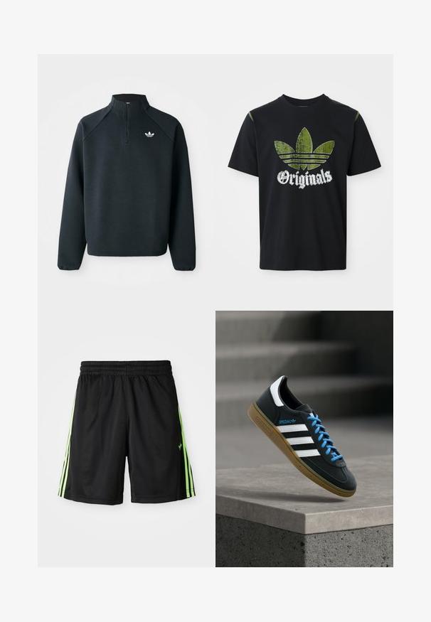 Sudadera negra con cremallera en el cuello hecha de tela suave, con mangas raglán y logo blanco en el pecho. Los puños son elásticos.; Camiseta de algodón negra con un gráfico verde desgastado que presenta tres rayas y la palabra "Originales" debajo en blanco, cuello redondo, mangas cortas.; Pantalones cortos deportivos negros con cintura elástica, que cuentan con dos rayas verticales de color verde neón a cada lado y un pequeño logo en la parte frontal izquierda.; Zapatilla negra Adidas con franjas blancas, cordones azules y suela de goma flotando sobre un escalón de hormigón gris con luz suave.