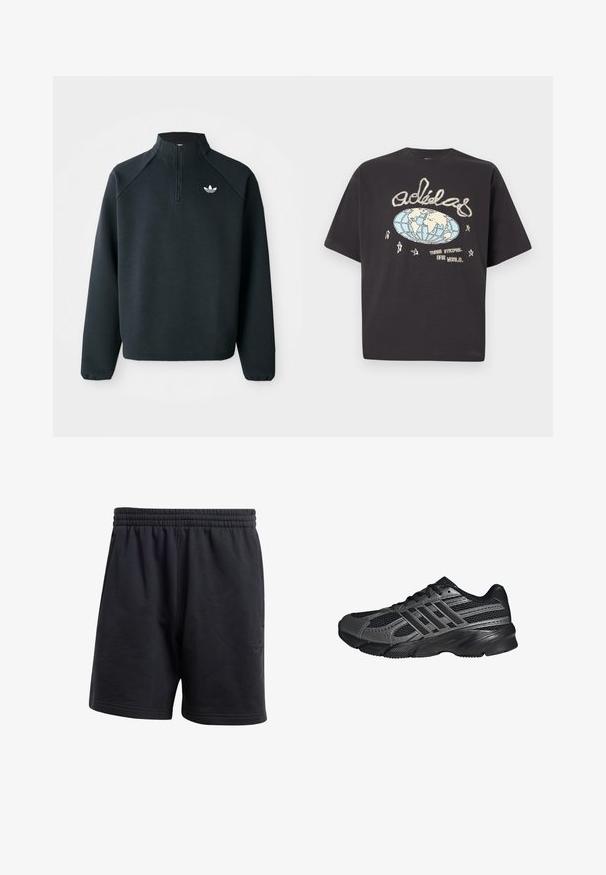 Sweat-shirt noir à zip quart en tissu doux, avec des manches raglan et un logo blanc sur la poitrine. Les poignets sont élastiques.; T-shirt Adidas noir avec un globe beige et bleu, logo Adidas manuscrit, étoiles et texte « Three Stripes. One World. »; Shorts en coton noir avec une taille élastique, présentant une finition texturée et un accent logo discret sur la jambe gauche inférieure.; Chaussures de sport noires en mesh et matériaux synthétiques, avec une surface texturée, plusieurs rayures grises, et un col rembourré.