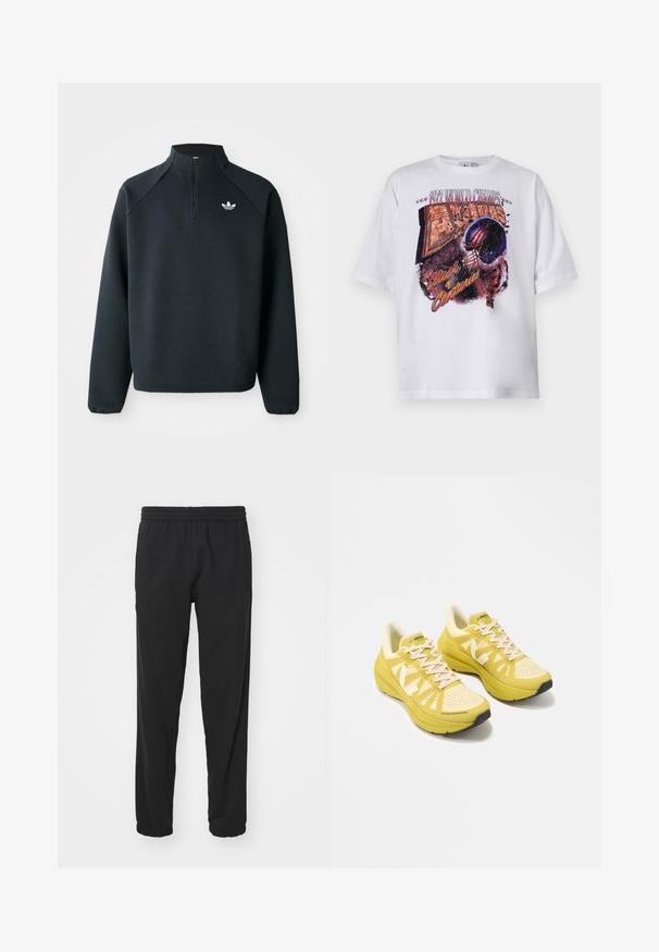 Schwarzer Quarter-Zip-Sweatshirt aus weichem Material, mit Raglanärmeln und einem weißen Logo auf der Brust. Die Bündchen sind elastisch.; Weißes Baumwoll-T-Shirt mit kurzen Ärmeln, das einen mehrfarbigen Grafikdruck eines Footballhelms und den Text "1972 WELTMEISTER" zeigt.; Schwarze leichte Jogginghosen mit elastischem Bund, schmal zulaufendem Bein, gerafften Bündchen und seitlichen Taschen für zusätzliche Funktionalität.; Paar gelbe sportliche Laufschuhe mit weißen Schnürsenkeln und großem weißem "N"-Logo an den Seiten vor weißem Hintergrund.
