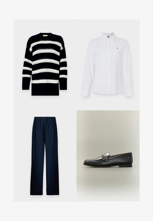 Navy og hvid stribet striktrøje med rund hals og struktureret mønster med åbent strik. Løs pasform med lange ærmer.; Hvid langærmet button-up skjorte lavet af bomuld, der har en klassisk krave, subtilt logo på brystet og gule knapper.; Marineblå vide bukser lavet af glat stof; har frontfald, bæltestropper og et rent design uden synlige lommer.; Sort læderloafer med sølv øverste, gyldent kædedetalje, lav hæl og rundet tå på neutral baggrund.