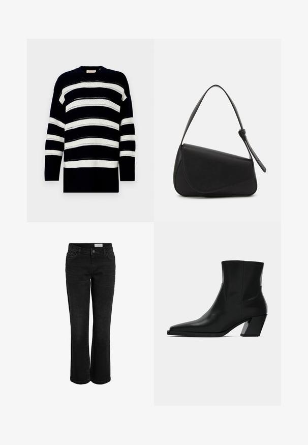 Navy og hvid stribet striktrøje med rund hals og struktureret mønster med åbent strik. Løs pasform med lange ærmer.; Sorte denim jeans med en bred forneden, fem-lomme design og knaplukning. Har diskrete syninger og et klassisk taljebånd.; Sortlæder ankelstøvle med spids tå, en slank silhuet og en kraftig firkantet hæl. Glat tekstur med minimale stikninger.; Sort læderhåndtaske med en triangular form, skrå klap og et rundt håndtag. Har en glat overflade og minimalistiske design detaljer.
