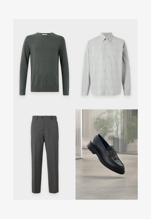 Donkergroen, lange mouw trui van zacht, gestructureerd materiaal met een ronde hals en ribgebreide manchetten en onderrand. Eenvoudig, klassiek ontwerp.; Grijze lange mouwen shirt met een licht geruit patroon, knopen aan de voorkant, puntige kraag en een gladde stofstructuur.; Koolgrijze mannenbroek met subtiele streepjes, knoopsluiting, riemlussen en recht gesneden design op een witte achtergrond.; Zwarte leren loafers met een gladde afwerking, voorzien van een decoratieve band en een gestructureerd paneel aan de voorkant, en een rubberen zool met textuur.