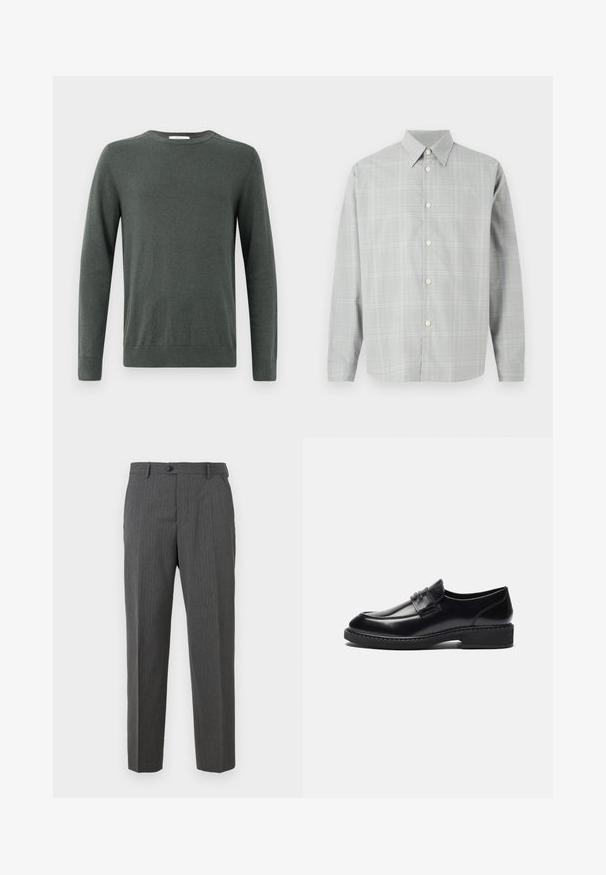 Suéter de manga larga verde oscuro, hecho de un tejido suave y texturizado, con cuello redondo y puños y dobladillo acanalados. Diseño simple y clásico.; Camisa de manga larga gris con un ligero patrón de cuadros, diseño con botones en la parte delantera, cuello de punta y textura de tela suave.; Pantalones de vestir para hombre en gris carbón con sutiles rayas, cierre de botón, trabillas para cinturón y diseño de pierna recta, sobre un fondo blanco.; Zign by Zalando LEATHER - Mocasines elegantes - black