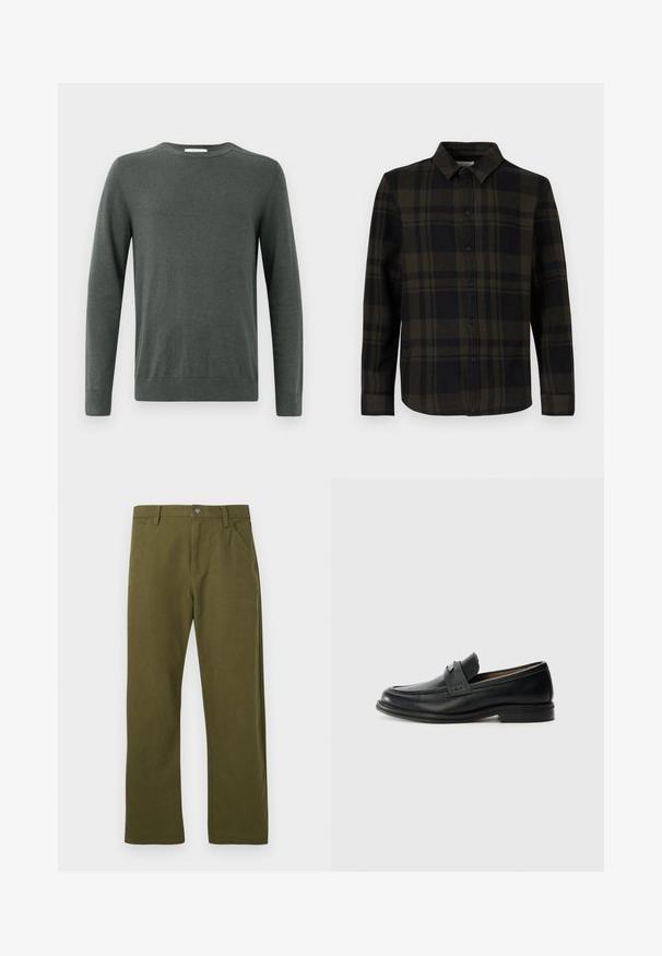 Suéter de manga larga verde oscuro, hecho de un tejido suave y texturizado, con cuello redondo y puños y dobladillo acanalados. Diseño simple y clásico.; Camisa de cuadros en negro y verde oscuro hecha de tela, con cierre de botones en la parte delantera, mangas largas y diseño de cuello clásico.; Pantalones de algodón verdes con corte recto, que cuentan con un diseño de bolsillo frontal, cierre de botón metálico y detalles de costura sutiles.; Mocasines de cuero negro con un acabado suave, que presentan una banda superior texturizada, tacón bajo y detalles de costura mínimos.