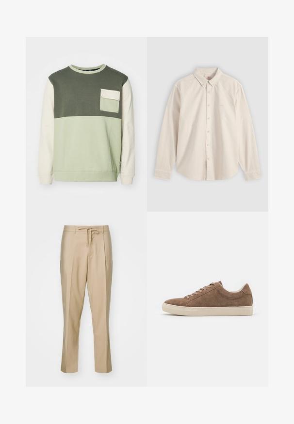 Sudadera color bloque verde y crema con mangas largas, cuello redondo y un bolsillo en el pecho. Fabricada con suave material de algodón.; Camisa beige de manga larga con botones, cuello y puños, exhibida extendida sobre un fondo gris claro.; Pantalones beige a medida con cintura ajustable y perneras rectas, y dos bolsillos laterales. Hechos de una tela suave, con pliegues definidos.; Zapatillas casuales de ante marrón con perfil bajo, suela de goma beige plana y seis agujeros para los cordones. Punta redondeada y diseño minimalista.