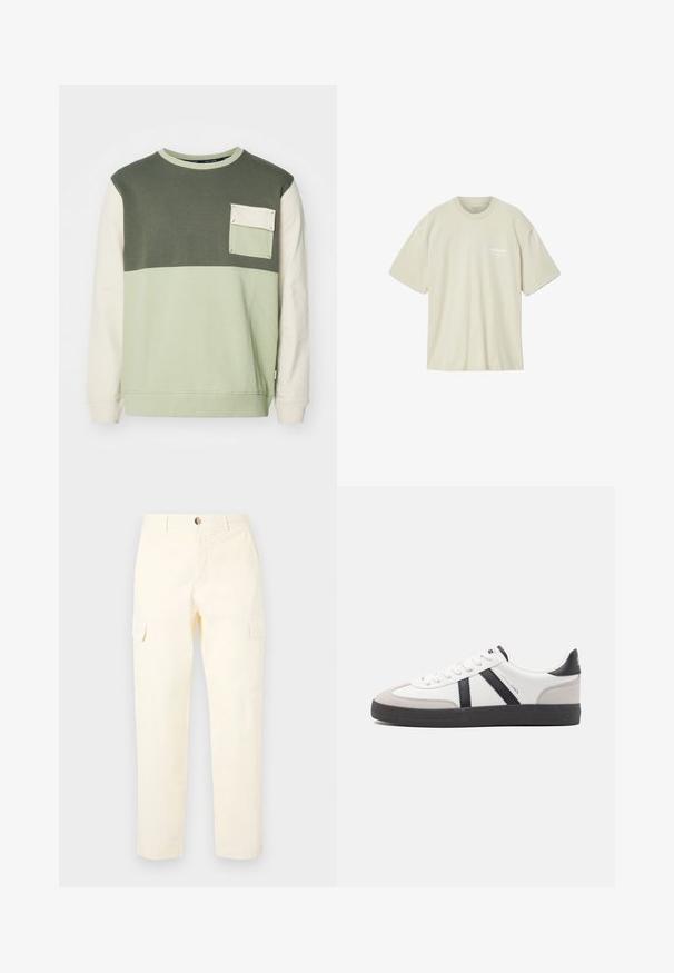 Sudadera color bloque verde y crema con mangas largas, cuello redondo y un bolsillo en el pecho. Fabricada con suave material de algodón.; Camiseta beige oversize de manga corta con cuello redondo y pequeño logo blanco "ALLSAINTS" en el pecho izquierdo.; Pantalones cargo amarillos claros de algodón, con bolsillos laterales y un diseño de pierna recta, con un cierre de botón en la cintura.; Zapatilla blanca con acentos en negro y gris, que presenta una puntera texturizada en gris, suela de goma negra y cordones planos blancos. Diseño limpio, estilo minimalista.