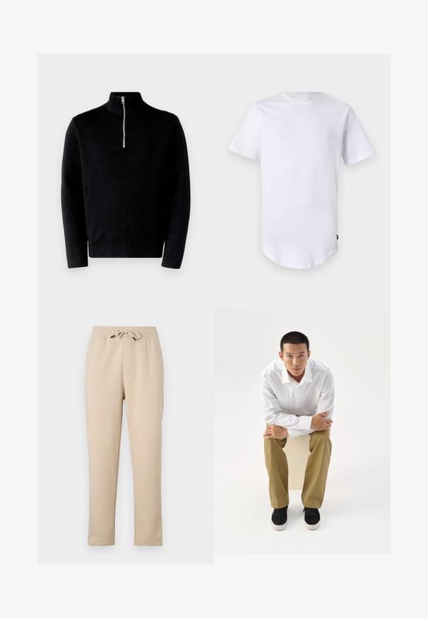Sort pullover sweater med høj krave og halv lynlås. Lavet af ribbet stof, den har lange ærmer og en glat tekstur.; Hvid kortærmet t-shirt lavet af bomuld. Rund halsudskæring med en buet kant. Etiket synlig på nederste venstre side. Glat tekstur.; Beige joggingbukser med elastisk taljebånd, justerbar snøring, to sidelommer og taperet ben design. Blød tekstur, afslappet stil.; Ung mand i hvidt stribet skjorte og khakibukser sidder fremadlænet på en skammel med armene krydset, og ser direkte frem på en hvid baggrund.