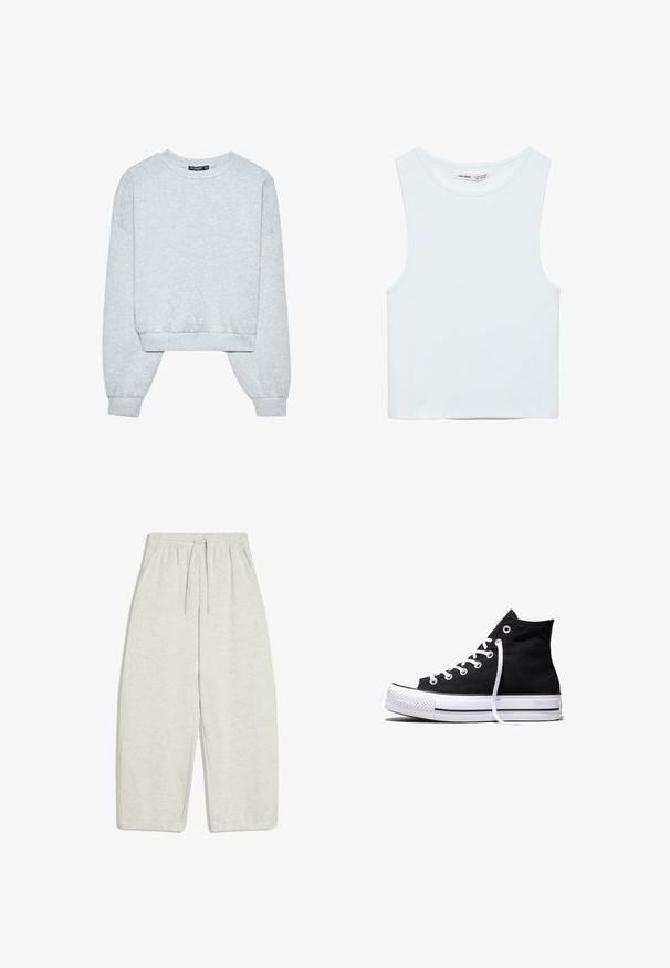 Sweat-shirt gris raccourci à manches longues, col rond et poignets côtelés. Tissu doux avec une texture subtile, conçu pour le confort.; Crop top blanc sans manches avec col rond, en tissu lisse, étiqueté Pull&Bear, adapté pour un usage décontracté.; Pantalon de jogging gris clair coupe ample avec taille élastique, cordon, poches latérales et poignets élastiques.; Baskets montantes en toile noire avec semelle en caoutchouc blanche et lacets blancs, vues de côté sur un fond blanc.