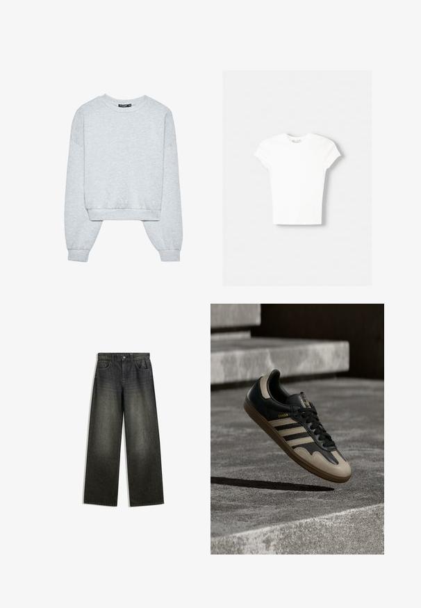 Sweat-shirt gris raccourci à manches longues, col rond et poignets côtelés. Tissu doux avec une texture subtile, conçu pour le confort.; T-shirt blanc à manches courtes en coton doux, avec un col rond et une coupe ajustée. Pas de motifs ni d'ornements visibles.; Jeans évasés en denim gris foncé avec une finition délavée, un design à cinq poches et une fermeture à bouton à la taille.; Baskets en cuir noir et beige avec trois bandes blanches, semelle en caoutchouc beige et détail en or "Samba" sur le côté.