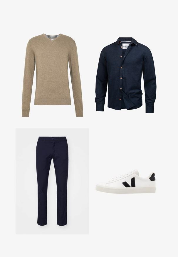 Pull-over en V en tricot doux de couleur brun clair, avec des manches longues et des bords côtelés aux manches et à l'ourlet. Texture subtile sur l'ensemble du tissu.; Chemise homme bleu marine foncé à manches longues avec boutons marron et petit col relevé, partiellement déboutonnée à l'avant.; Chinos bleu marine en mélange de coton, présentant un design à jambe droite, des poches avant et une fermeture à bouton à la taille.; Sneaker blanche en cuir avec des accents en daim noir ; dispose d'une semelle en caoutchouc, d'un bout rond et d'un design classique à lacets. Logo latéral en noir.