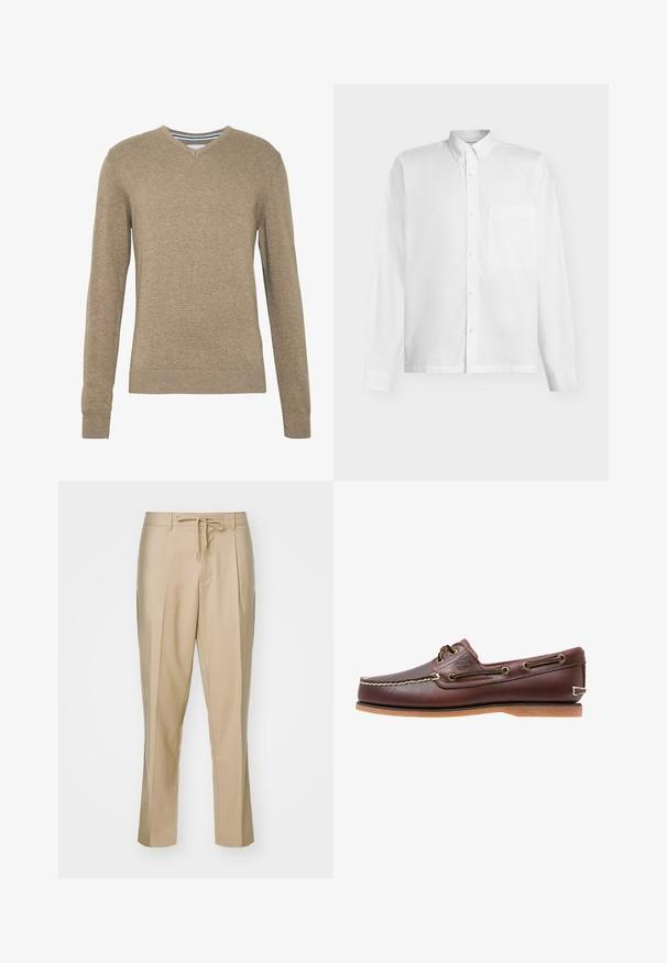 Suéter con cuello en V hecho de un suave tejido de punto en marrón claro, con mangas largas y puños y bajo acanalados. Textura sutil en toda la tela.; Camisa blanca de manga larga con botones, bolsillo en el pecho y cuello abotonado sobre un fondo liso.; Pantalones beige a medida con cintura ajustable y perneras rectas, y dos bolsillos laterales. Hechos de una tela suave, con pliegues definidos.; Zapato náutico de cuero marrón con costuras blancas, detalles de cordones y suela de goma color coñac, mostrado de lado sobre un fondo blanco.