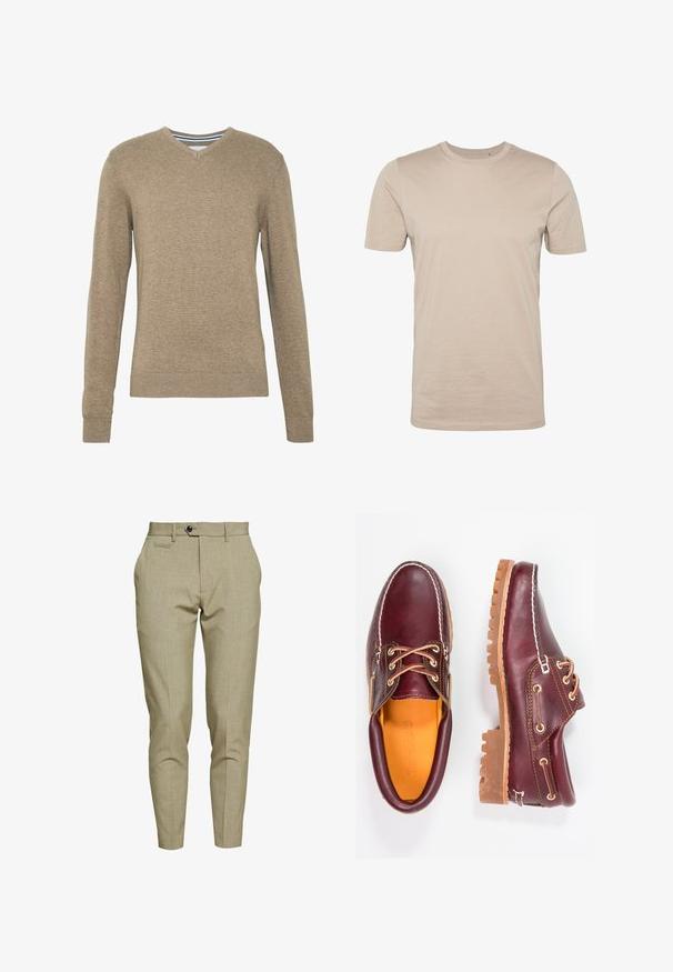 Pull-over en V en tricot doux de couleur brun clair, avec des manches longues et des bords côtelés aux manches et à l'ourlet. Texture subtile sur l'ensemble du tissu.; T-shirt en coton beige, manches courtes, col rond, texture lisse, design sans coutures, tissu léger, sans logos ni motifs visibles.; Lindbergh CLUB PANTS - Chino - army; Chaussures en cuir bourgogne avec semelles en caoutchouc marron, bout rond, couture blanche et œillets dorés. L'intérieur présente une doublure jaune.