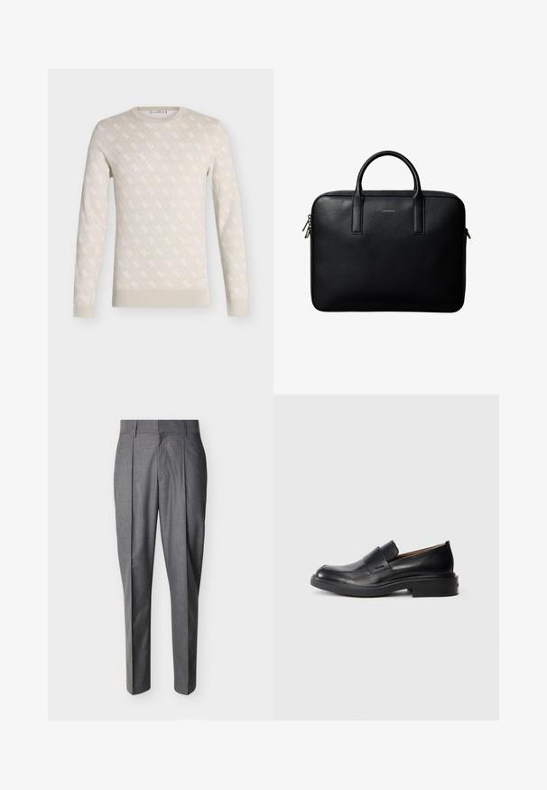 Pull beige col rond à manches longues, avec un subtil motif losange blanc sur toute la surface et de petits détails logo.; Pantalon de tailleur gris avec plis et passants pour ceinture, présenté à plat sur un fond blanc.; Chaussure habillée noire en cuir, à enfiler, avec un petit talon et un logo Calvin Klein discret sur le côté, présentée de profil sur un fond blanc.; Mallette en cuir noir texturé avec double poignées et tirettes de fermeture éclair argentées, centrée sur fond blanc.