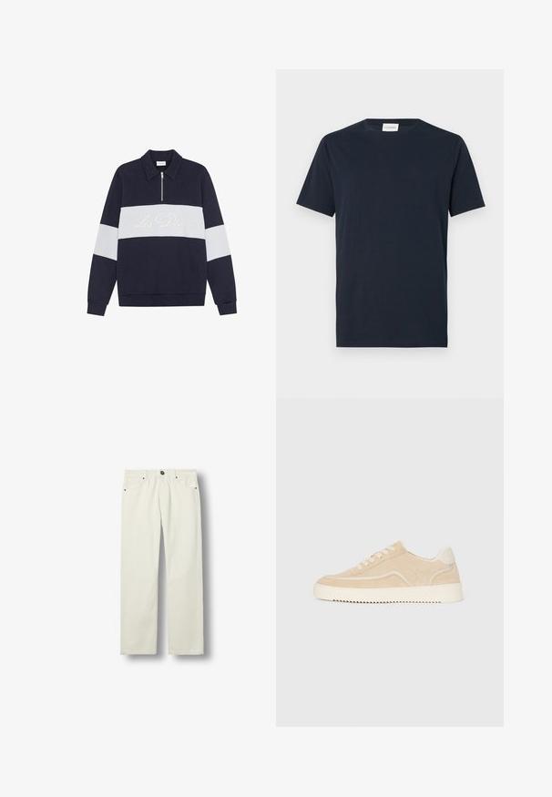 Marineblauer Pullover mit einem weißen horizontalen Streifen und Reißverschlusskragen. "Les Deux" in Creme auf dem Streifen gestickt. Weicher Stoff, klassischer Schnitt.; Navyblaue T-Shirt mit kurzen Ärmeln aus weicher Baumwolle. Verfügt über einen Rundhalsausschnitt und ein einfaches, klares Design ohne Muster oder Akzente.; Ecrufarbene Jeans mit geradem Bein, Fronttaschen, Gürtelschlaufen, Knopfverschluss und Metallnieten-Details, auf weißem Hintergrund dargestellt.; Beige Wildlederschuh mit weißer Sohle und Schnürsenkeln, niedrig geschnittenes Design und Zickzackprofil auf der Sohle.