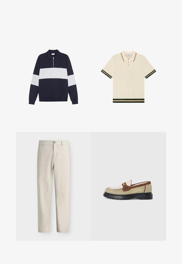 Marineblauer Pullover mit einem weißen horizontalen Streifen und Reißverschlusskragen. "Les Deux" in Creme auf dem Streifen gestickt. Weicher Stoff, klassischer Schnitt.; Kurzärmeliges cremefarbenes Strick-Poloshirt mit beigem Kragenabschluss, Knopfleiste und grünen sowie beigen Streifen an Ärmeln und Bund.; Hellbeige Hose mit geradem Bein, Knopf- und Reißverschluss sowie Gürtelschlaufen, auf weißem Hintergrund dargestellt.; Loafer mit beigen, hellrosa und braunen Wildlederpaneelen, goldenen Metallschnallenakzenten und dicker schwarzer Gummisohle mit Profilmuster.