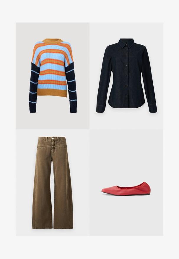 Pull en tricot avec une texture côtelée, présentant des rayures horizontales en bleu clair, orange et marine. Encolure ronde et manches longues.; CLOSED SEAMING SHIRT - Chemisier - dark blue; Pantalon marron taille haute à jambes larges avec bouton devant, passants de ceinture, et coutures visibles sur fond clair.; Filippa K REY FLATS - Ballerines - bright red