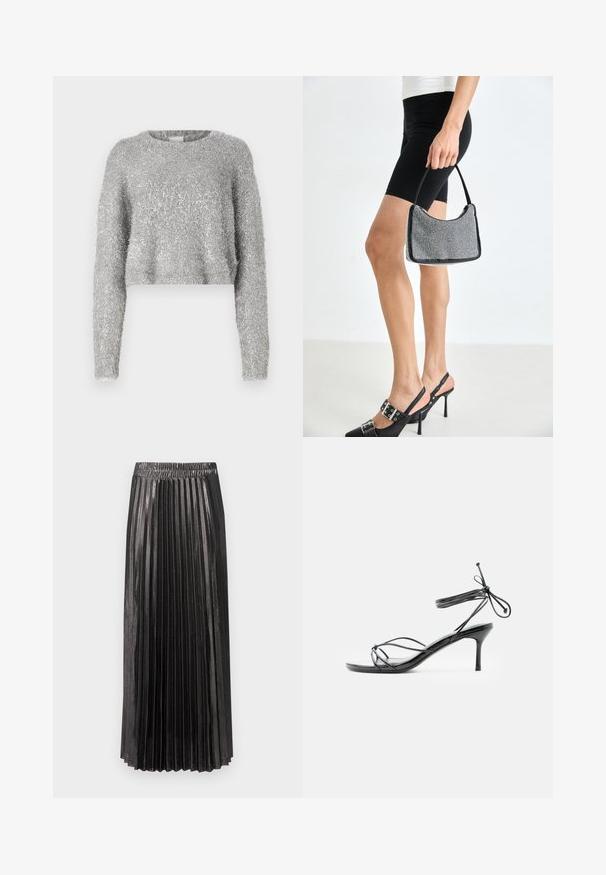 Sølvfarvet cropped sweater med lange ærmer; fuzzy tekstur og let skinnende materiale. Rund halsudskæring, minimal ekstra detaljering.; Sort, plisseret maxinederdel med elastisk talje, der har en skinnende, struktureret overflade og lodrette plisseringer over hele længden.; Sort højhælet sandal med tynde stropper omkring anklen og en mellemhøj stilethælt på en hvid baggrund.; Sort perlehandtaske med en buet silhuet, bærehåndtag og blank overflade. Båret med højhælede sorte sko og tætsiddende sorte shorts.