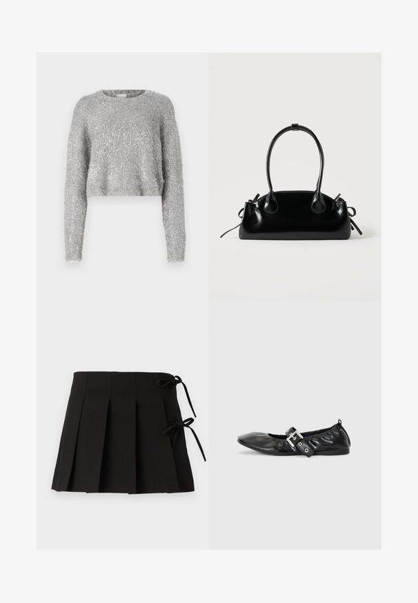 Sølvfarvet cropped sweater med lange ærmer; fuzzy tekstur og let skinnende materiale. Rund halsudskæring, minimal ekstra detaljering.; Sort plisseret nederdel med sidesnore, lavet af stof med en glat tekstur; har et struktureret design og rene linjer.; Sorte læder flade sko med spids tå, samling detaljer omkring åbningen, og en sølv spænde accent på den justerbare rem.; Lille sort blank håndtaske med to lange håndtag og snøre-detaljer i siden på en ensfarvet lys baggrund.