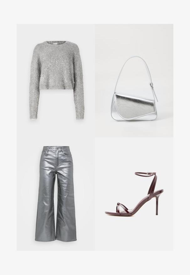 Sølvfarvet cropped sweater med lange ærmer; fuzzy tekstur og let skinnende materiale. Rund halsudskæring, minimal ekstra detaljering.; Sølv, brede benbukser lavet af et metallisk, skinnende stof med en glat tekstur. Har to frontlommer og en knaplukning i taljen.; Højhælet sandal i burgunderrødt laklæder med tynd ankelrem og krydsede tåremme på hvid baggrund.; Sølvmetallic håndtaske med en trekantet form, glat overflade og en tynd, justerbar skulderrem. Har et fold-over design med syninger.