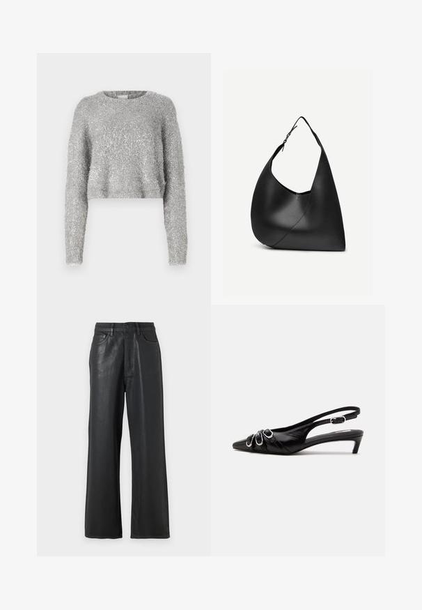 Sølvfarvet cropped sweater med lange ærmer; fuzzy tekstur og let skinnende materiale. Rund halsudskæring, minimal ekstra detaljering.; Sorte vide benbukser lavet af et blankt materiale. Har en knaplukning, bæltestropper og forlommer med en glat tekstur.; Sort læder slingback sko med spids tå, tre sølvspænder på forsiden og lav lille hæl på hvid baggrund.; Sort læder skuldertaske med buet trekantet form, enkelt justerbart rem og synlig diagonal søm foran.