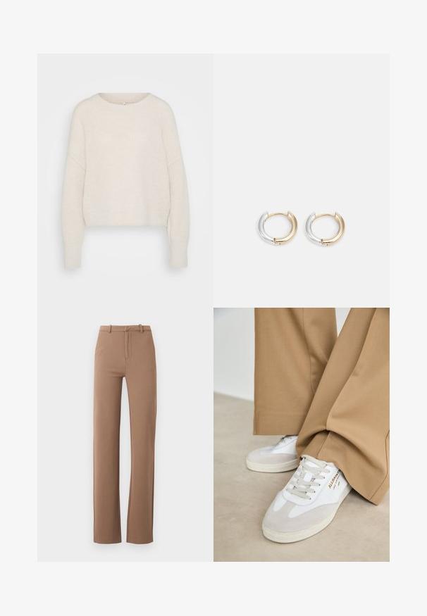 Pull en tricot écru, court, avec un col rond, des coutures d'épaules tombantes et des poignets côtelés. Texture douce avec une coupe ample et un design minimaliste.; Pantalon marron à coupe droite, taille haute, avec passants pour ceinture et fermeture éclair à l’avant, présenté sur fond blanc uni.; Baskets blanches avec des accents en daim, des lacets texturés et une semelle en caoutchouc. Associées à un pantalon beige ample. Logo affiché sur le côté.; Boucles d'oreilles créoles en or et en argent avec une finition métallique mélangée, présentant un design courbé lisse et une fermeture sans couture.