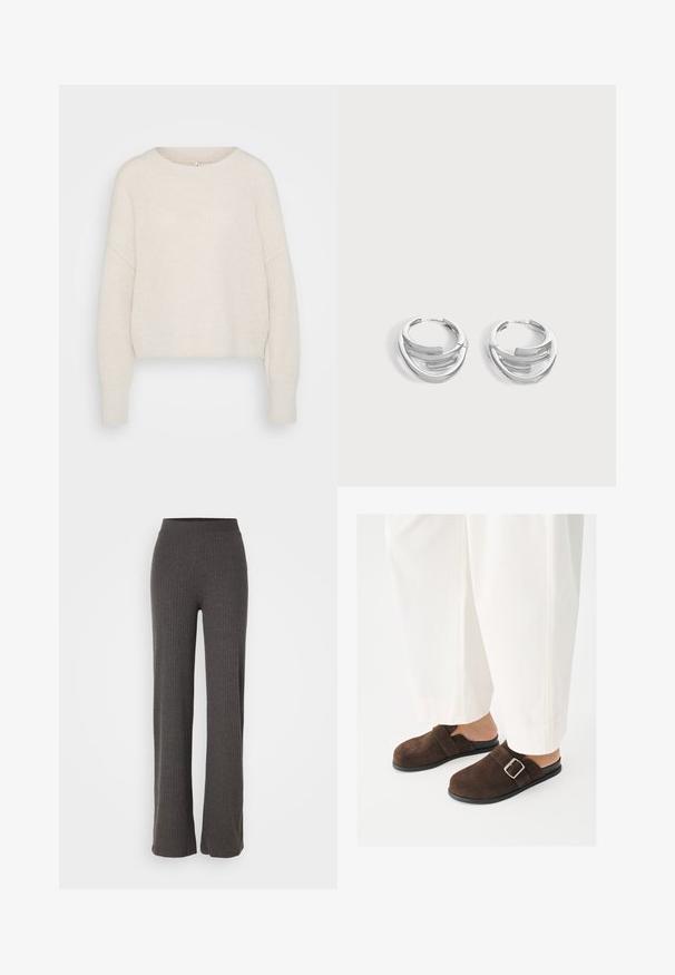Pull en tricot écru, court, avec un col rond, des coutures d'épaules tombantes et des poignets côtelés. Texture douce avec une coupe ample et un design minimaliste.; Pantalons tricotés gris à côtes avec une jambe large et une taille élastique. Le tissu a une apparence texturée, offrant une coupe décontractée.; Personne portant un pantalon blanc et des chaussures à enfiler en daim brun foncé avec une boucle argentée, debout sur une surface blanche unie.; Paire de boucles d'oreilles anneaux en argent poli avec un design de barre incurvée superposée sur un fond clair uni.