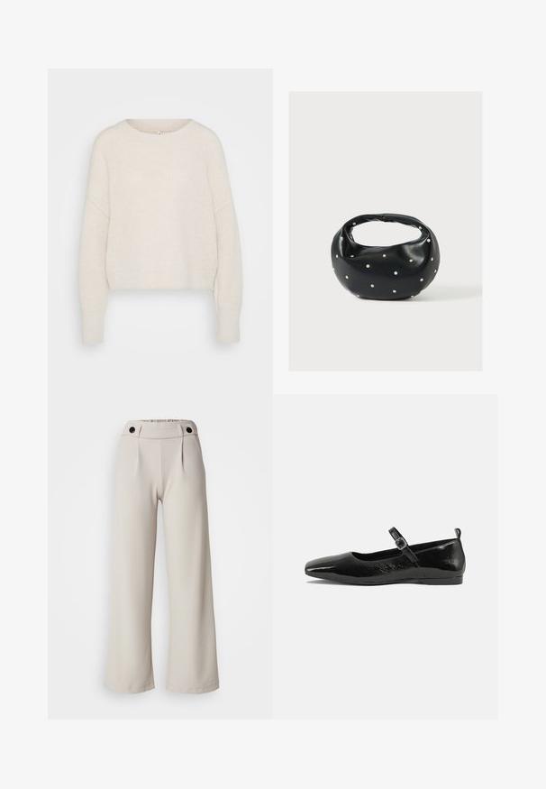Creme, cropped striktrøje med rund halsudskæring, drop shoulder-søm og ribbede manchetter. Blød tekstur med løs pasform og minimalistisk design.; Plisserede bukser med vidde i lys beige stof med en glat tekstur, der har en samlet talje og to sorte knapper i taljen.; Sorte patentlæder flade sko med spidse tæer, en ankelrem med spænde og en glat, blank tekstur. Lav hæl for komfort.; Sort læderhåndtaske med en rundet form, dekoreret med sølvnitter, og et kort håndtag. Glat tekstur og lynlåslukning.