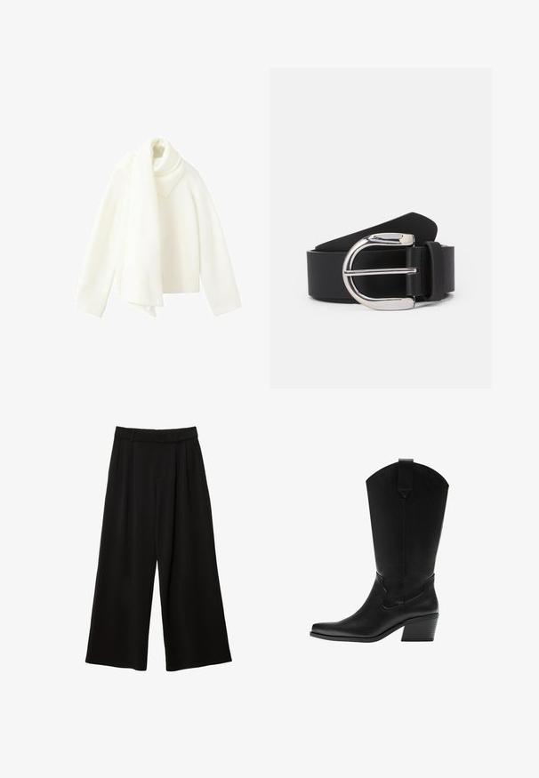 Pull en maille blanc avec une longue écharpe assortie drapée autour du cou sur un fond blanc.; Pantalon noir à jambes larges, taille haute, plis devant, passants pour ceinture et coupe décontractée.; Botte western en cuir noir mi-mollet avec bout pointu et talon bloc superposé, avec languette de tirage et coutures décoratives discrètes.; Ceinture en cuir noir avec une boucle en métal argenté, présentant une texture lisse et un design classique. La sangle mesure 3,8 cm de large.