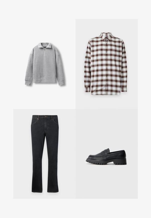 Pull-over tricoté gris clair à manches longues avec col à fermeture éclair jusqu'au quart, posé à plat sur fond blanc.; Chemise à manches longues à carreaux bruns, blancs et bleu clair, avec un col à boutons et une poche poitrine sur un fond uni.; Jean en denim bleu foncé avec une coupe droite, comportant cinq poches, des coutures contrastées et un léger évasement au bas.; Mocassins en cuir noir avec un bout arrondi, présentant une sangle décorative et une semelle en caoutchouc épaisse avec de profonds crampons pour une meilleure adhérence.