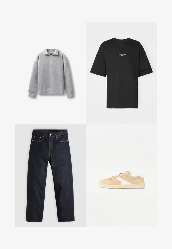 Pull-over tricoté gris clair à manches longues avec col à fermeture éclair jusqu'au quart, posé à plat sur fond blanc.; T-shirt noir à manches courtes en coton, avec une impression blanche "ORIGINALS est. 1970" sur la poitrine, à coupe relaxée et col rond.; Jean en denim bleu foncé avec une coupe droite, cinq poches, des coutures orange contrastantes et une fermeture à boutons. Pas de motifs ou d'ornements visibles.; Baskets en suède beige avec des accents blancs, bout rond et fermeture à lacets. Tige texturée et semelle en caoutchouc avec un branding discret.