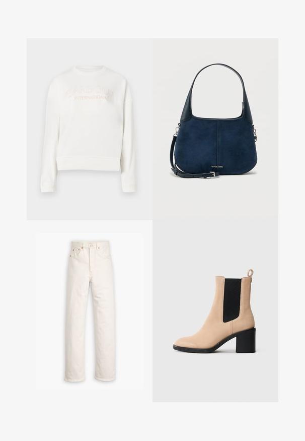 Witte sweatshirt van zacht materiaal, met een ronde halslijn, lange mouwen en het logo "Barbour International" in lichtroze.; Witte denim jeans met een recht gesneden ontwerp, vijf zakken en koperen hardware accenten. Afgeronde zoom aan de enkels.; Beige suède enkelboot met een blokhak, voorzien van een zwarte elastische inzet en een pull tab aan de achterkant. Glad oppervlak en ronde teen ontwerp.; Donkerblauwe suède handtas met gladleren accenten, gebogen bovenste handvat, verstelbare schouderriem en logo aan de voorkant. Compacte en gestructureerde vorm.