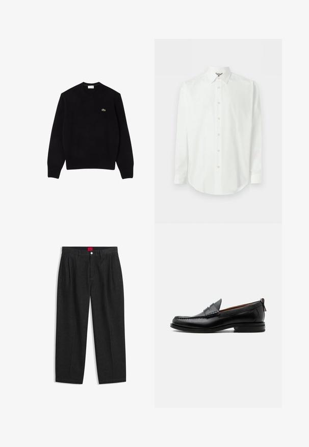 Suéter de punto negro con cuello redondo, puños y dobladillo acanalados, que presenta un pequeño logo de cocodrilo verde en el lado izquierdo del pecho. Textura suave.; Camisa blanca de vestir de manga larga con cierre de botones en el frente, cuello clásico y puños, presentada sobre un fondo claro y liso.; Pantalones negros de talle alto con pliegues delanteros, trabillas para cinturón, cierre con botón y cremallera, y una etiqueta roja en el interior de la cintura.; Mocasín de hombre de piel negra con costura moc toe, tira penny, cuello texturizado y tacón bajo apilado sobre fondo blanco.
