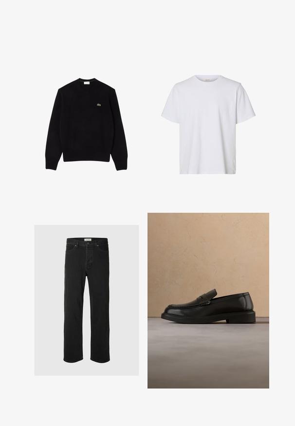 Suéter de punto negro con cuello redondo, puños y dobladillo acanalados, que presenta un pequeño logo de cocodrilo verde en el lado izquierdo del pecho. Textura suave.; Camiseta blanca lisa de manga corta con cuello redondo, ajuste regular y textura de tela suave, presentada sobre un fondo blanco.; Los jeans rectos de mezclilla negra presentan un diseño clásico de cinco bolsillos con cierre de botón, costuras mínimas y una textura suave.; Zapato mocasín de cuero negro flotando sobre una alfombra beige tejida, con una mesa redonda de madera y un sofá al fondo.