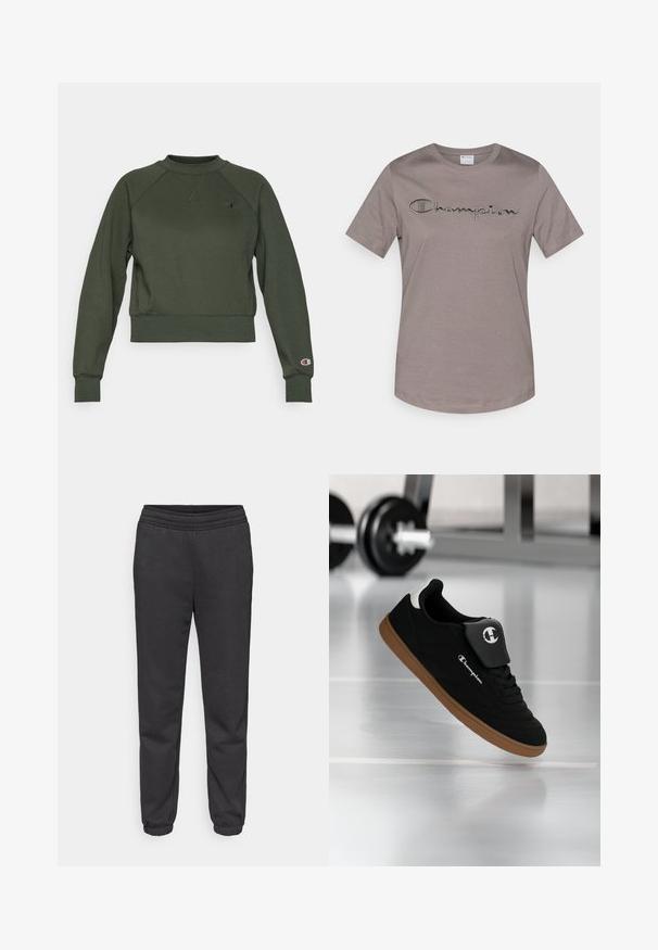 Sweat-shirt court vert foncé en mélange de coton ; présente un col, des poignets et un ourlet côtelés ; patch logo sur la poitrine gauche et la manche droite.; T-shirt en coton gris à manches courtes avec le mot "Champion" brodé de manière stylisée sur la poitrine. Col rond, coupe régulière.; Pantalon de survêtement gris foncé avec une taille à cordon, des jambes fuselées et des poignets élastiques. Fabriqué en tissu doux et texturé.; Baskets Champion noires et marron suspendues en l'air dans une salle de sport avec un haltère flou en arrière-plan.