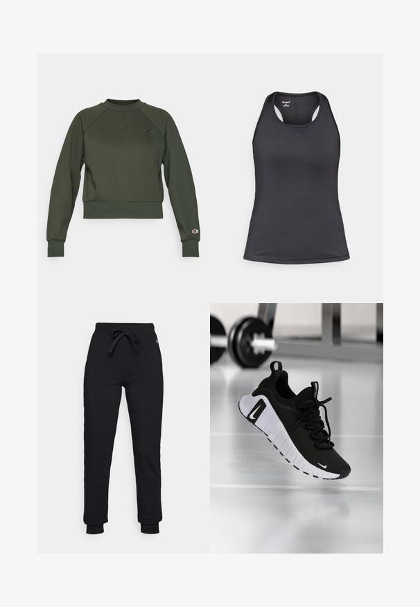 Sweat-shirt court vert foncé en mélange de coton ; présente un col, des poignets et un ourlet côtelés ; patch logo sur la poitrine gauche et la manche droite.; Débardeur de sport noir avec un design dos nageur, fabriqué en tissu lisse et extensible avec des coutures minimales et un détail de logo à l'avant.; Pantalons de survêtement noirs avec une taille à cordon de serrage, des poignets côtelés et un logo discret sur la hanche. Fabriqués en matériau doux et extensible.; Chaussure de sport noire avec une tige en tissu texturé, une semelle blanche et un système de laçage prononcé. Présente un logo Nike et un design doux et rembourré.