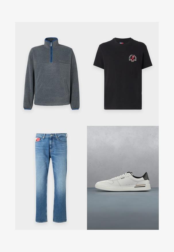 Pull-over en polaire gris avec un col zippé à moitié, détails bleus au niveau du zip et des poignets, ainsi qu'une poche avant. Texture douce, coupe décontractée.; T-shirt noir en coton à manches courtes, col rond, avec un imprimé graphique rouge et blanc qui dit "TOMMY JEANS NEW YORK CITY."; Jean en denim bleu délavé avec une coupe droite, comprenant une fermeture à bouton, cinq poches et une patch sur la poche avant.; Sneaker basse blanche avec talon noir, fermeture à lacets, perforations subtiles et logo "BOSS" sur le côté, vue depuis le profil extérieur.