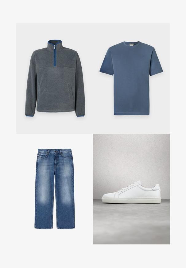 Grijze fleece pullover met een halve rits kraag, blauwe accenten bij de rits en manchetten, en een bu pockets. Zachte textuur, ontspannen pasvorm.; Blauwe katoenen t-shirt met een ronde hals en korte mouwen. Heeft een gladde textuur en een rechte zoom. Geen zichtbare patronen of graphics.; Blauw vervaagde rechte spijkerbroek met vijf zakken en knoopsluiting, plat liggend afgebeeld op een witte achtergrond.; Witte sneaker met een gladlederen bovenwerk en een laag profiel. Voorzien van een ronde neus, zes vetergaatjes en een gestructureerde rubberen zool.
