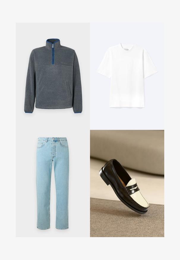 Pull-over en polaire gris avec un col zippé à moitié, détails bleus au niveau du zip et des poignets, ainsi qu'une poche avant. Texture douce, coupe décontractée.; T-shirt blanc uni à manches courtes et col rond avec une coupe décontractée, présenté sur un fond clair.; Jean en denim bleu clair avec une coupe droite, comportant cinq poches, un zip et un léger délavage sur l'ensemble du tissu.; Mocassin en cuir noir avec un empeigne crème et des rayures noires, présentant un petit talon et des coutures détaillées le long des bords.